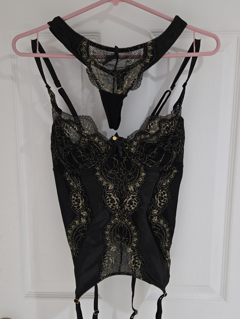 Figleaves Black Satin And Gold Lace Bustier with Thong New In Bag 32E
